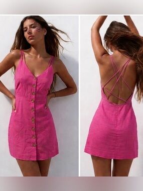 Zara NWT Pink Linen Blend Button Down Strappy Mini Dress XS Viral Summer